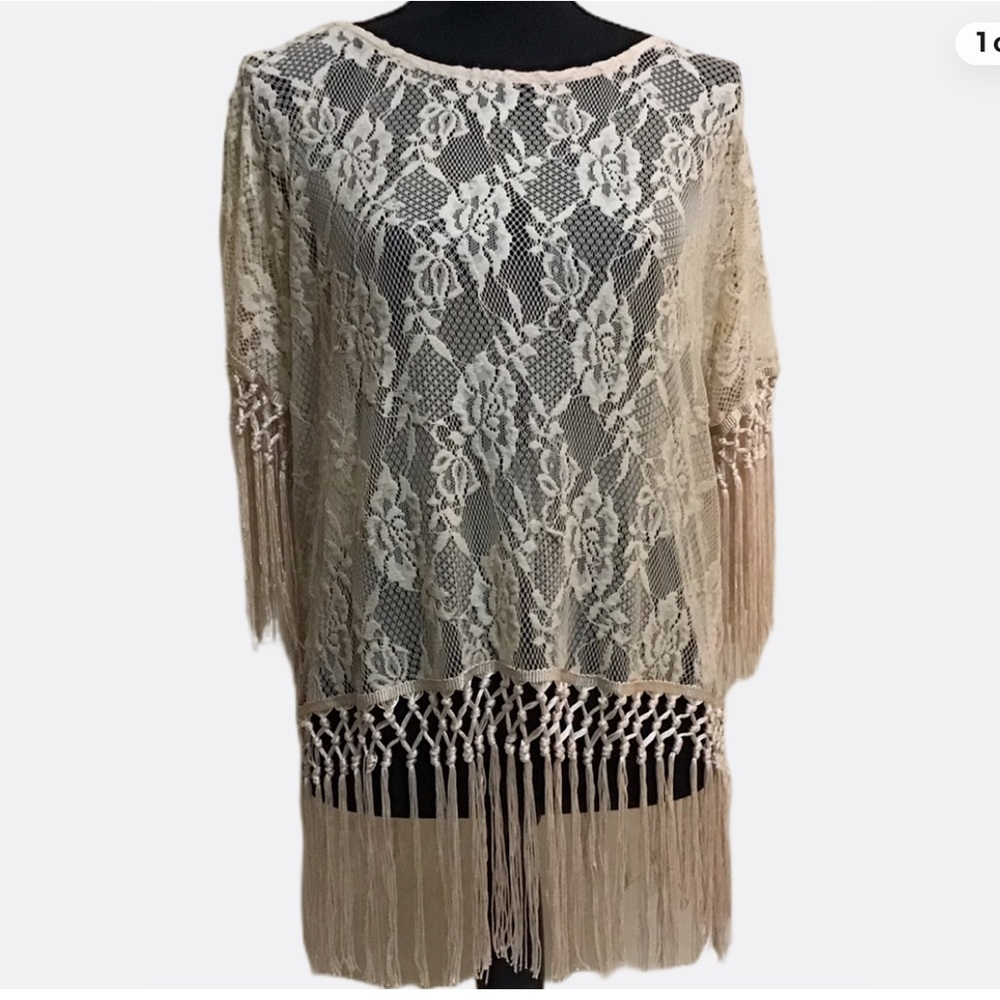 Stating At Stars sheet lace top with fringe in champagne